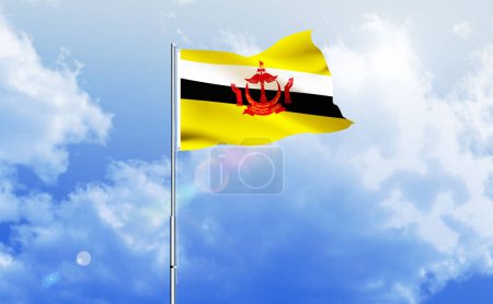 The flag of Brunei waving on the shiny blue sky
