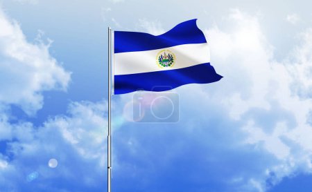 The flag of El Salvador waving on the shiny blue sky