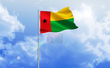 The flag of Guinea Bissau waving on the shiny blue sky