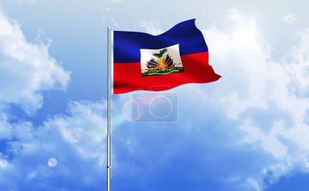 The flag of Haiti waving on the shiny blue sky
