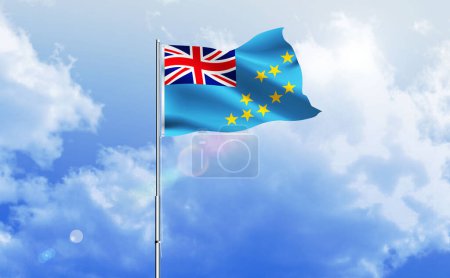 The flag of Tuvalu waving on the shiny blue sky