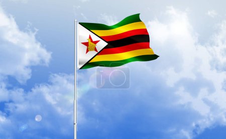 The flag of Zimbabwe waving on the shiny blue sky