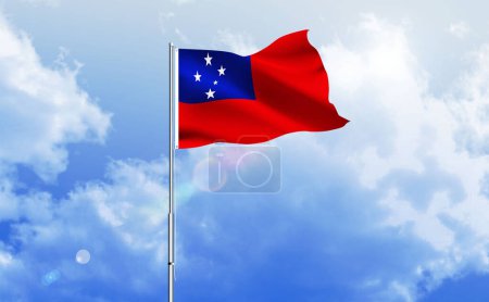 The flag of Samoa waving on the shiny blue sky