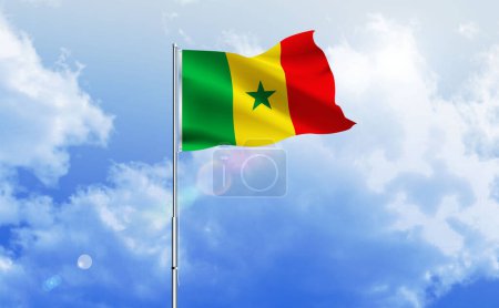 The flag of Senegal waving on the shiny blue sky