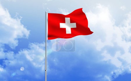 The flag of Switzerland waving on the shiny blue sky