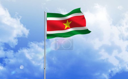 The flag of Suriname waving on the shiny blue sky