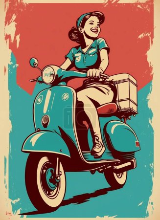 Ilustración de Cartel retro vintage, mujer en ciclomotor. Cartel publicitario 50, 60, venta de café. Cartel grunge. Vector - Imagen libre de derechos