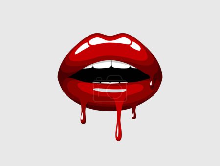 Ilustración de Labios rojos goteando chica. Mujer sangrando boca roja sexy. Beso derretido con lápiz labial, brillo. San Valentín, logotipo del día de las madres
. - Imagen libre de derechos