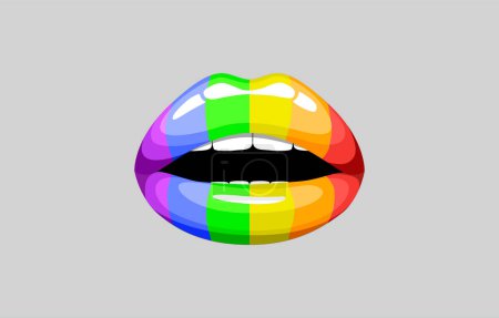 Illustration for Rainbow pride day mouth, bites LGBT lip for print shop. Sensual lips with rainbow lipstick. Pride month lips: gay, lesbian, rainbow, coming out, love, flag, support, stop homophobia, LGBT rights. - Royalty Free Image