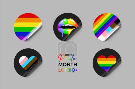 Ilustración de Conjunto vectorial de símbolos de la comunidad LGBTQ con elementos de color de bandera de arco iris retro, símbolos de orgullo, signos de género. Eslogan del mes del orgullo y pegatinas frase. Celebración del desfile gay. Ilustración. - Imagen libre de derechos