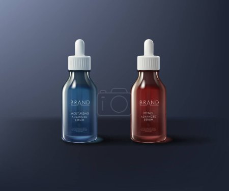 Illustration for Collagen or hyaluronic Acid Serum Moisturizer in different colors of packaging. Vector illustration of realistic serum bottles isolated - Royalty Free Image