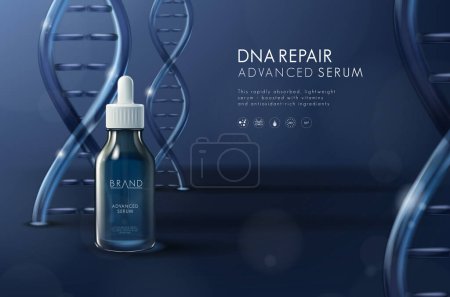 Illustration for Moisturizing serum cosmetic ads template. Dropper bottle with light spout and dna genertic molecules. Cosmetic innovation technology and beauty concept. Effective collagen skin care formula. - Royalty Free Image