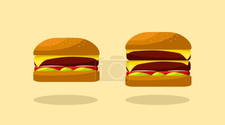 Illustration for Delicious single burger with cheese and tomato. Double and triple tomato cheeseburger.. Icon, logo or sticker for your design, menu, website, promotional elements. - Royalty Free Image