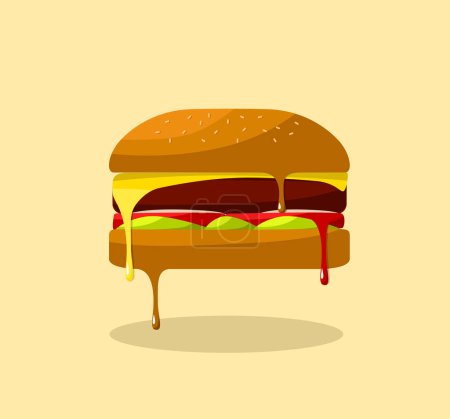 Ilustración de Deliciosa hamburguesa con queso y tomate. Hamburguesa doble y triple de tomate.. Icono, logotipo o pegatina para su diseño, menú, sitio web, elementos promocionales. - Imagen libre de derechos