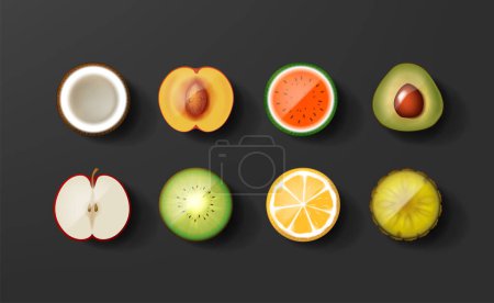 Ilustración de Conjunto de mitades icono de fruta. Sandía, limón, manzana, fresa, melocotón, aguacate, kiwi, naranja. Iconos. - Imagen libre de derechos