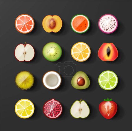 Illustration for Set of fruit icon halves. Watermelon, lemon, apple, strawberry, peach, avocado, kiwi, orange. Icons. - Royalty Free Image