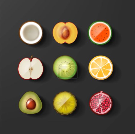 Ilustración de Conjunto de mitades icono de fruta. Sandía, limón, manzana, fresa, melocotón, aguacate, kiwi, naranja. Iconos. - Imagen libre de derechos