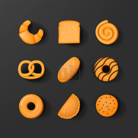 Illustration for Bakery icon set in realistic 3d design. bread, donnut or cookie. - Royalty Free Image