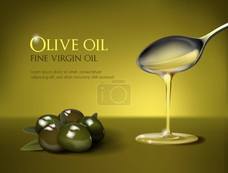 Ilustración de Aceite de oliva que cae de la cuchara, elementos nutritivos y aceitunas. Diseño de aceite de oliva, cosméticos naturales y productos sanitarios. Con lugar para imagen de texto y producto. - Imagen libre de derechos