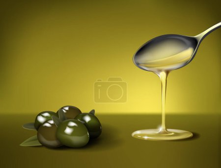 Illustration for Olive oil falling from spoon, nutritional elements and olives. Design of olive oil, natural cosmetics and health products. With place for text and product image. - Royalty Free Image
