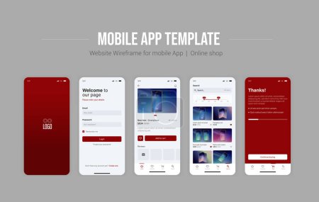 Illustration for Smartphone UI app. Phone screens for shop application. Mobile interface with account login and shopping cart. Screenshots responsive website mockups. - Royalty Free Image
