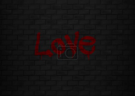 Téléchargez les illustrations : Surface murale noire avec des graffitis d'amour en briques sombres. Romantique amant texte en texture murale en fond de motif abstrait. - en licence libre de droit