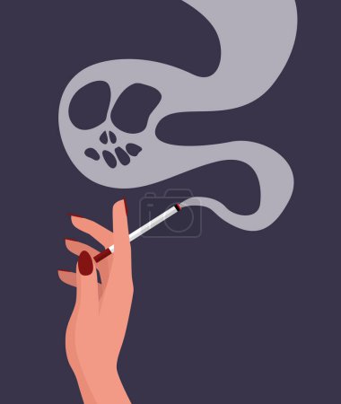 Illustration for Woman's hand holds a cigarette icon symbol with skull sign or shape of smoke. Female vector with red nails in cartoon style.  Smoke formed the dead skull - Royalty Free Image