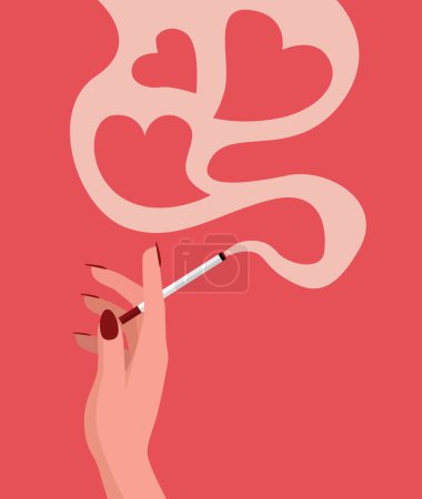Illustration for Woman's hand holds a cigarette icon symbol with love, heart sign or shape of smoke. Female vector with red nails in cartoon style. Lovely Valentine's day girl smoking logo. - Royalty Free Image