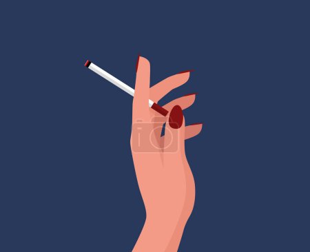 Ilustración de La mano de la mujer sostiene un icono de cigarrillo símbolo. Vector femenino con uñas rojas en estilo de dibujos animados. Comic chica fumar logo. - Imagen libre de derechos