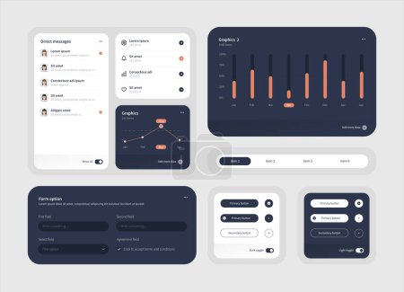 Illustration for Elegant Collection of ui ux elements for web design, app design. Ux dashboard user panel template. User interface, experience. - Royalty Free Image