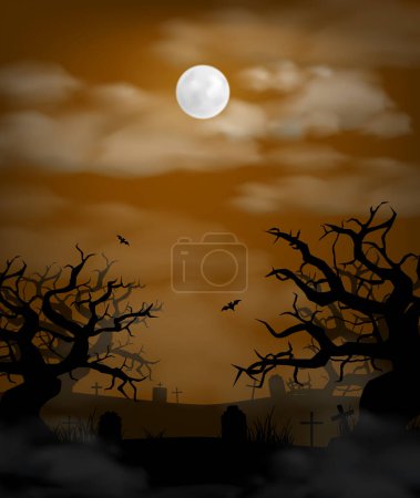Illustration for Halloween dark forest background with creepy cemetery landscape of night sky fantasy forest in moonlight - Royalty Free Image