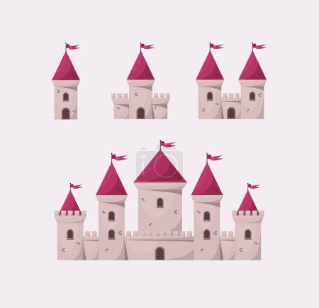 Téléchargez les illustrations : Châteaux vectoriels médiévaux princesse rose icône ensemble. Dessin animé conte de fées tour du château icône. - en licence libre de droit