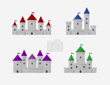 Téléchargez les illustrations : Ensemble d'icônes de châteaux vectoriels médiévaux. Dessin animé conte de fées tour du château icône - en licence libre de droit