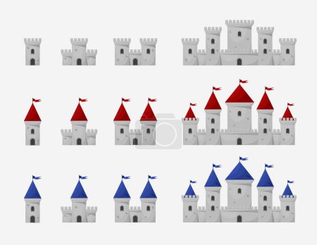 Téléchargez les illustrations : Ensemble d'icônes de châteaux vectoriels médiévaux. Dessin animé conte de fées tour du château icône - en licence libre de droit