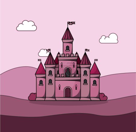 Téléchargez les illustrations : Château vecteur médiéval princesse rose. Dessin animé conte de fées tour du château icône. - en licence libre de droit