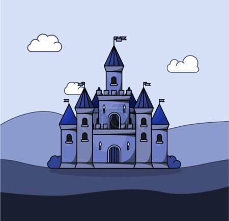 Téléchargez les illustrations : Château vecteur médiéval prince bleu. Dessin animé conte de fées tour du château icône. - en licence libre de droit