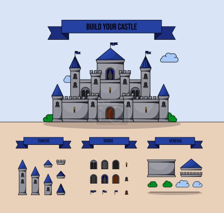 Ilustración de Medieval vector castillos icono conjunto. Icono de torre de castillo de cuento de hadas de dibujos animados - Imagen libre de derechos