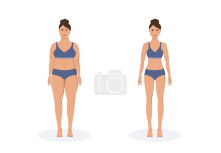 Illustration for Fat and thin woman weight loss concept. Diet and fitness. Before and after body shape girl measuring her slim waist. - Royalty Free Image