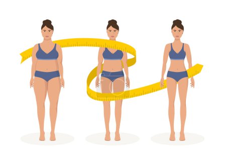 Illustration for Fat and thin woman weight loss concept. Diet and fitness. Before and after body shape girl measuring her slim waist. - Royalty Free Image