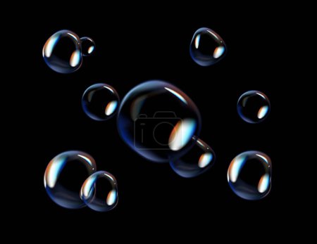 Ilustración de Burbujas de jabón brillante sobre fondo negro. Burbujas de jabón transparentes con reflexión. - Imagen libre de derechos