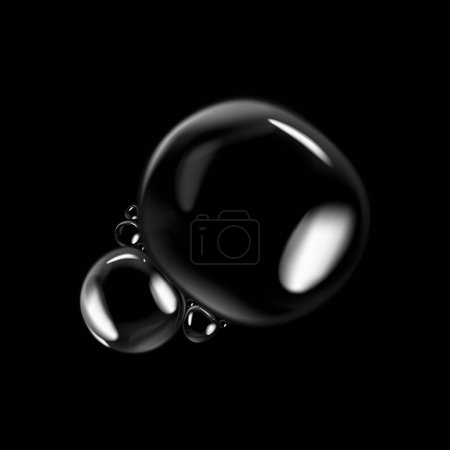 Illustration for Glossy soap bubbles on black background. Transparent soap bubbles with reflection. - Royalty Free Image