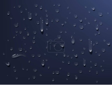 Illustration for Condensation water falls on glass background. Rain drops with light reflection on dark window surface, abstract wet texture, scattered pure aqua spots pattern. - Royalty Free Image