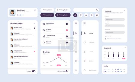 Illustration for Big and improved ui kit for web designing, mobile apps with the different buttons, charts, diagrams, menu, search, tabs and others. - Royalty Free Image
