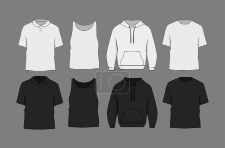 Illustration for Basic black and white male polo, t-shirt tank top and hoodie mockup. Blank textile print template for fashion clothing. - Royalty Free Image
