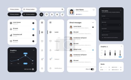 Illustration for Big and improved ui kit for web designing, mobile apps with the different buttons, charts, diagrams, menu, search, tabs and others. - Royalty Free Image