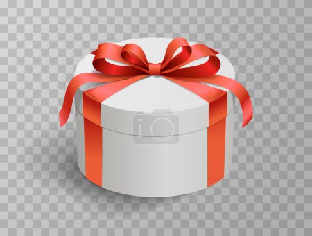 Illustration for Realistic gift box, with red satin bow, isolated on background. Presentation box, tied with wrapping ribbon. Happy New Year, Merry Christmas or Birthday. - Royalty Free Image