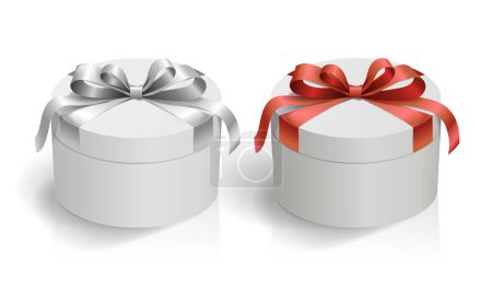 Illustration for Realistic gift box, with red and silver satin bow, isolated on background. Presentation box, tied with wrapping ribbon. Happy New Year, Merry Christmas or Birthday. - Royalty Free Image
