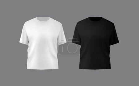 Illustration for Basic black male t-shirt realistic mockup. Front and back view. Blank textile print template for fashion clothing. - Royalty Free Image