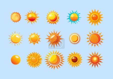 Set de Ilustraciones del Sol. Colección de lindas ilustraciones del sol. Todas las imágenes están hechas en estilo de dibujos animados. Ilustración vectorial de un sol para pegatinas, ducha para bebés, impresiones para ropa.