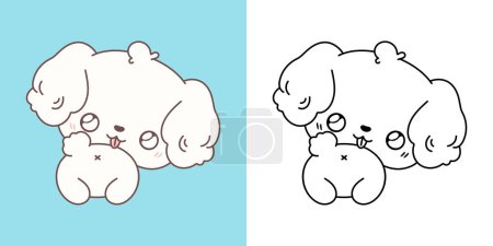 Téléchargez les illustrations : Clipart pour chien Kawaii Bichon Frise Multicolore et Noir et Blanc. Joli chien Kawaii. Illustration vectorielle mignonne d'un animal Kawaii pour autocollants, imprimés pour vêtements, douche de bébé. - en licence libre de droit